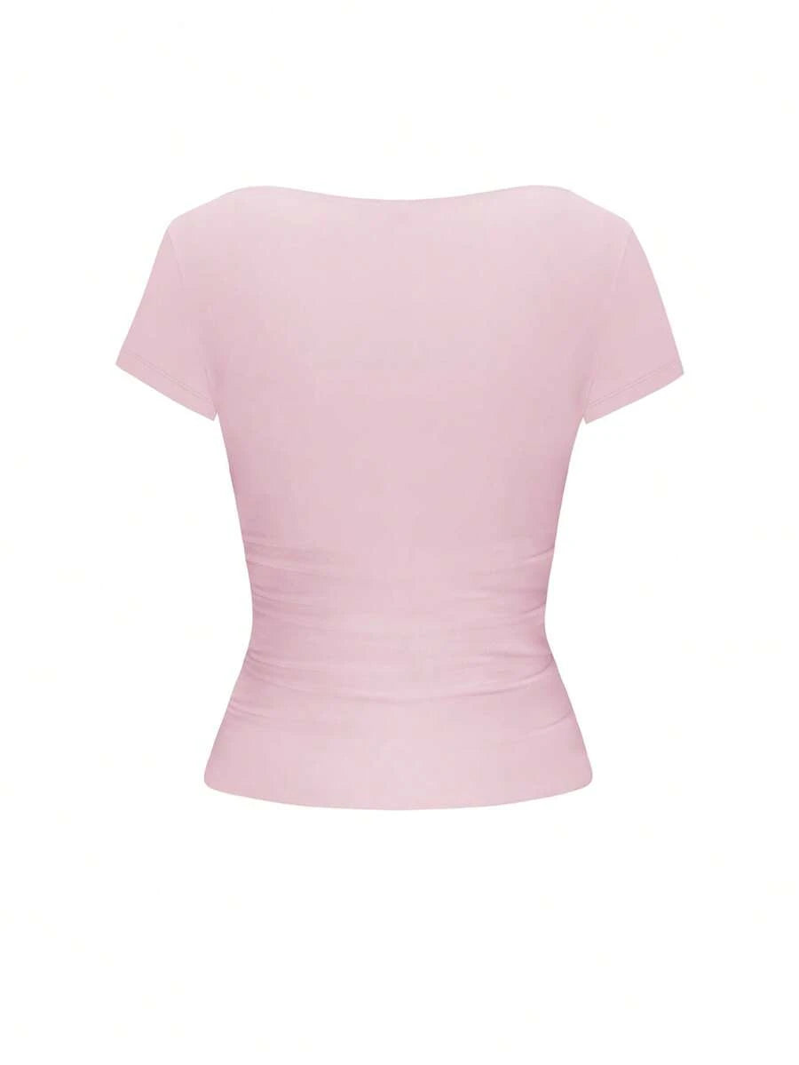 Vaiaye Women's Spring-Summer Sexy Fitted Knit Top, Solid Color Square Neck Casual T-Shirt, Suitable For Valentine's Day